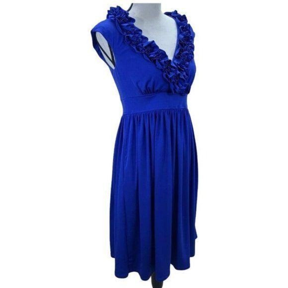 Maggy London Royal Blue Ruffle Neck Flare Dress - Picture 6 of 11